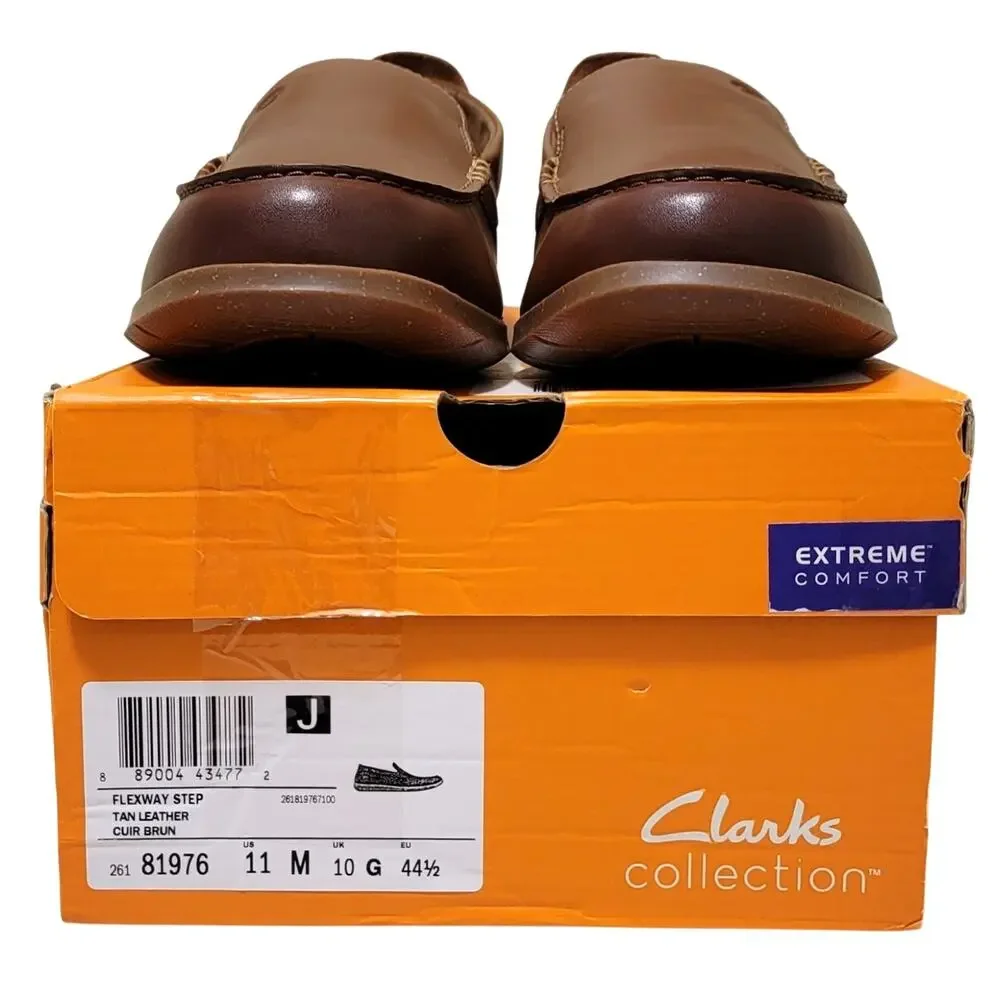 Clarks Men Flexway Step Slip On Moc Toe Loafers Size US 11M Tan Brown Leather
